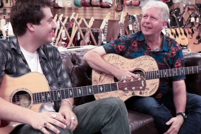"I've not quite got over the jetlag..." on the sofa at Norman's Rare Guitars, with Michael Lemmo. Pic: from the video by Jen Manalo Angkahan